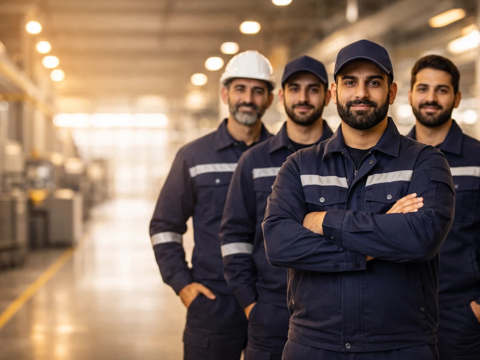 Industrial team wearing custom workwear and safety uniforms on site